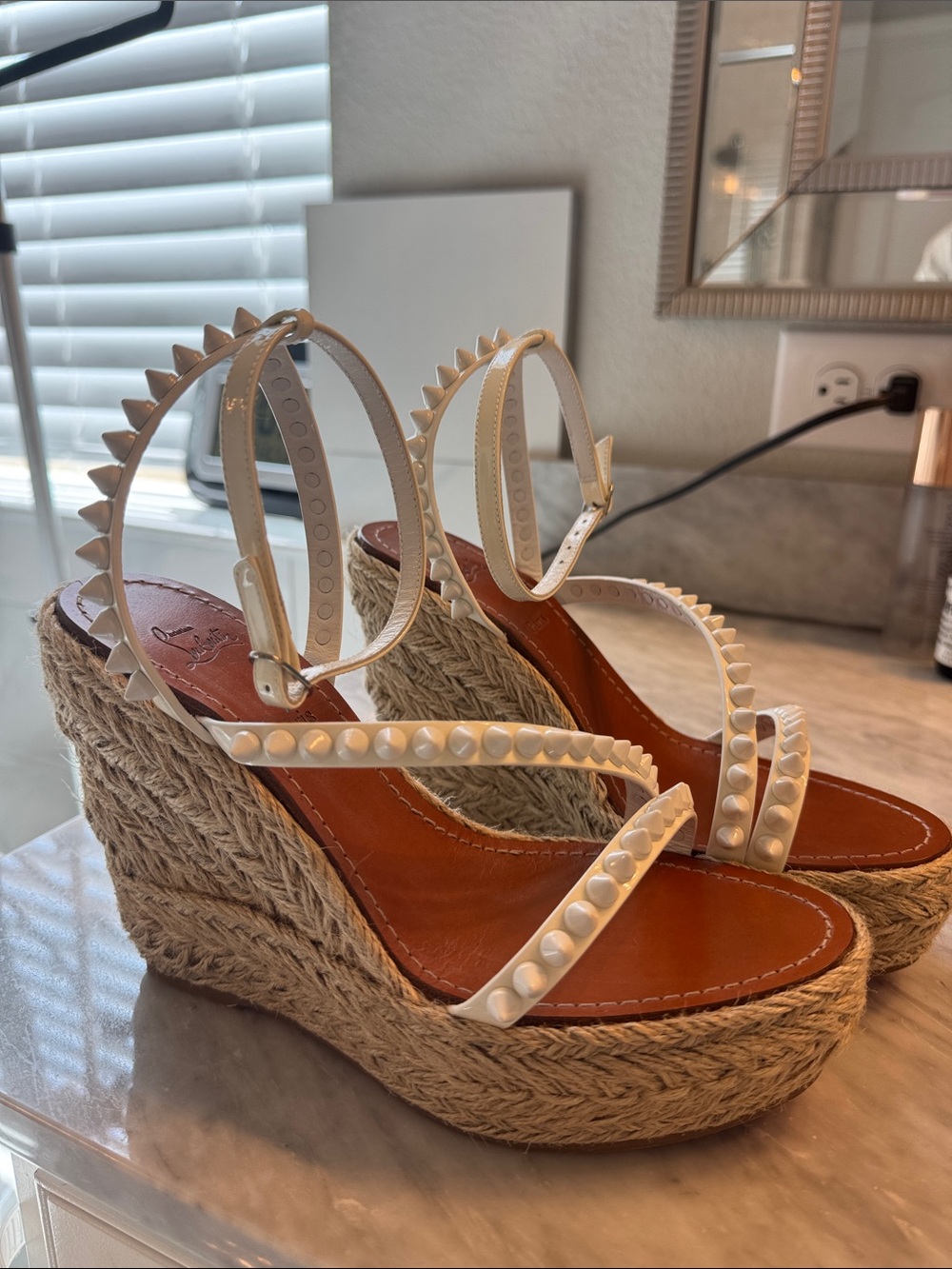 Christian Louboutin White Studded Espadrille Wedge Sandals EU 38